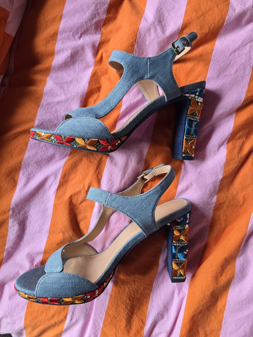 Desigual Blue Denim Embroidered Block Heel Sandals - Picture 3 of 9